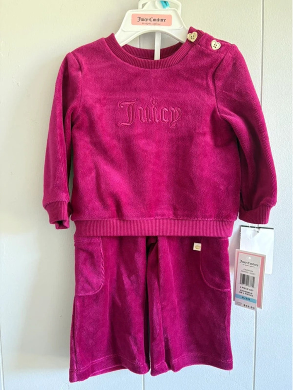 Juicy Couture Baby Girls 6/9M Magenta Velvet Matching Set NEW